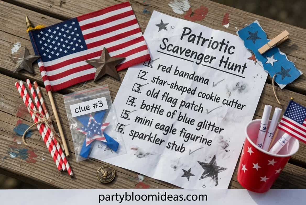 Kids searching for red, white, and blue items during a backyard scavenger hunt game