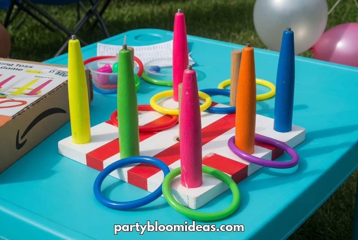 Colorful ring toss game setup with pegs and rings in a backyard party setting