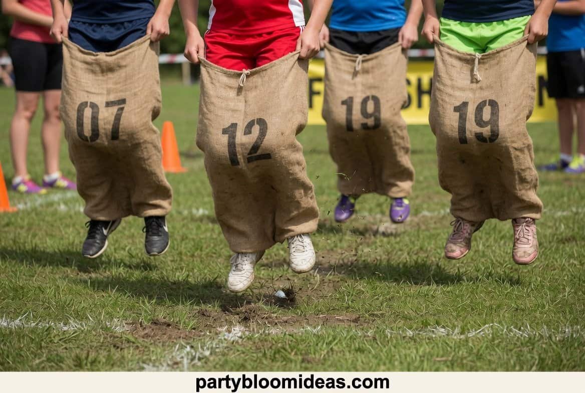 Kids hopping in burlap sacks during a backyard sack race on the 4th of July