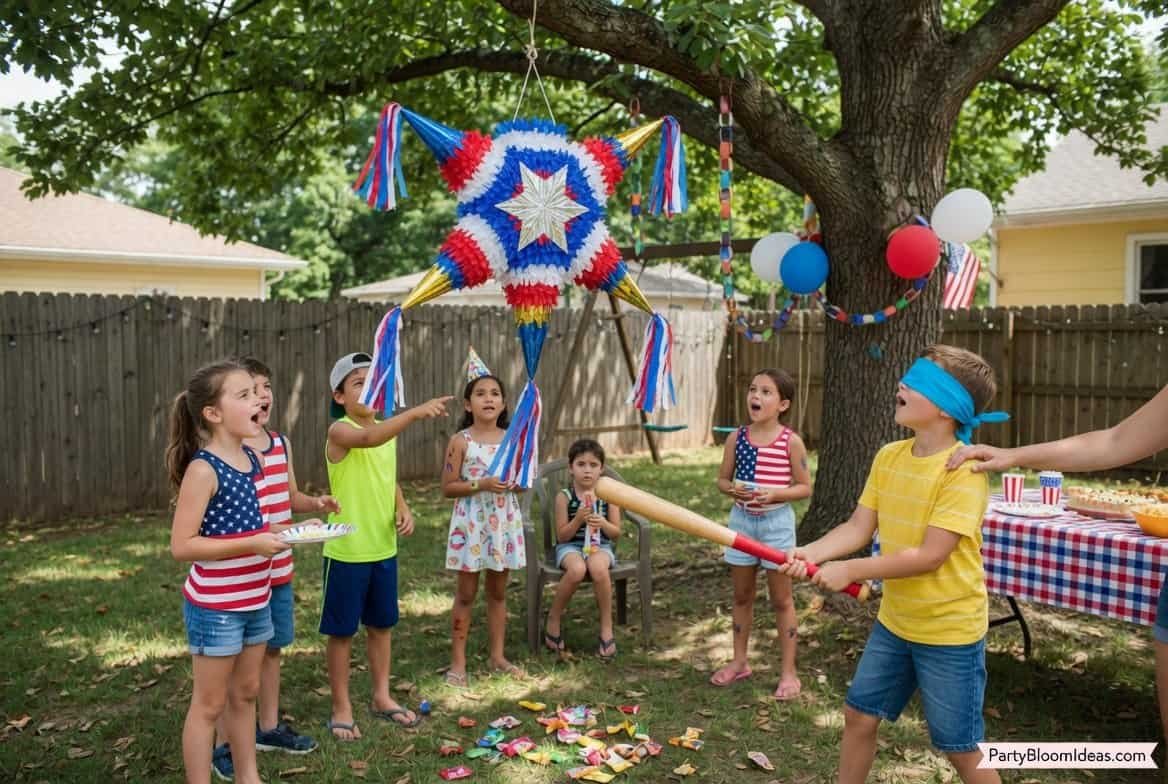 Piñata for 4th of July celebration with kids playing outdoors.