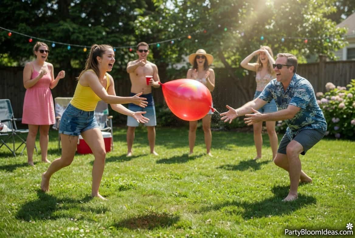 Two players tossing a red water balloon across a sunny backyard with friends watching