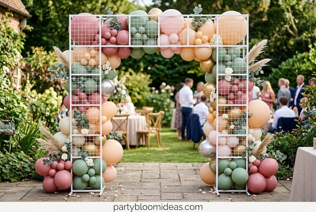 tructured grid balloon arch with symmetrical balloon placement for formal events.