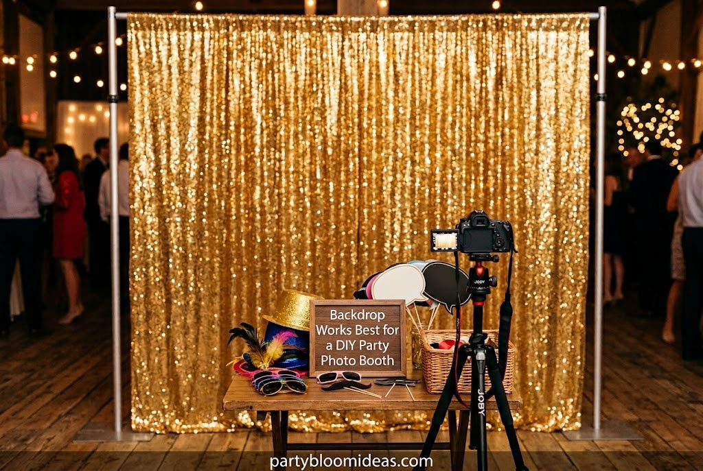 DIY gold sequin curtain photo booth backdrop with shimmering metallic tablecloths, ring light setup, and elegant party décor for birthdays, bachelorette parties, and New Year's Eve celebrations.