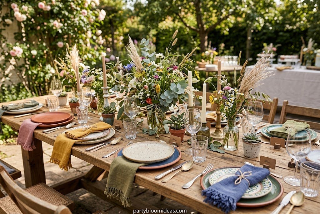 Rustic boho tablescape featuring mismatched ceramic dinnerware, linen table runner, terracotta bud vases, and taper candles.
