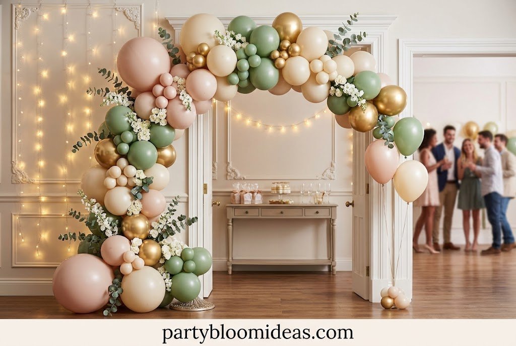 Half balloon arch decorating a dessert table and party photo backdrop.