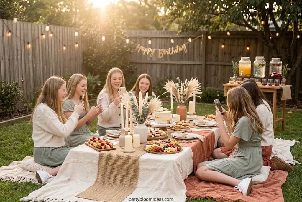 "Golden hour garden birthday party for teenage girls with picnic setup and string lights"