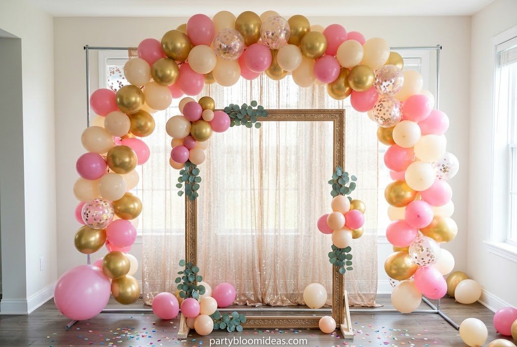 Color-coordinated balloon arch DIY photo booth featuring blush and white balloons on a PVC frame, perfect for baby showers, bridal showers, and birthday parties.