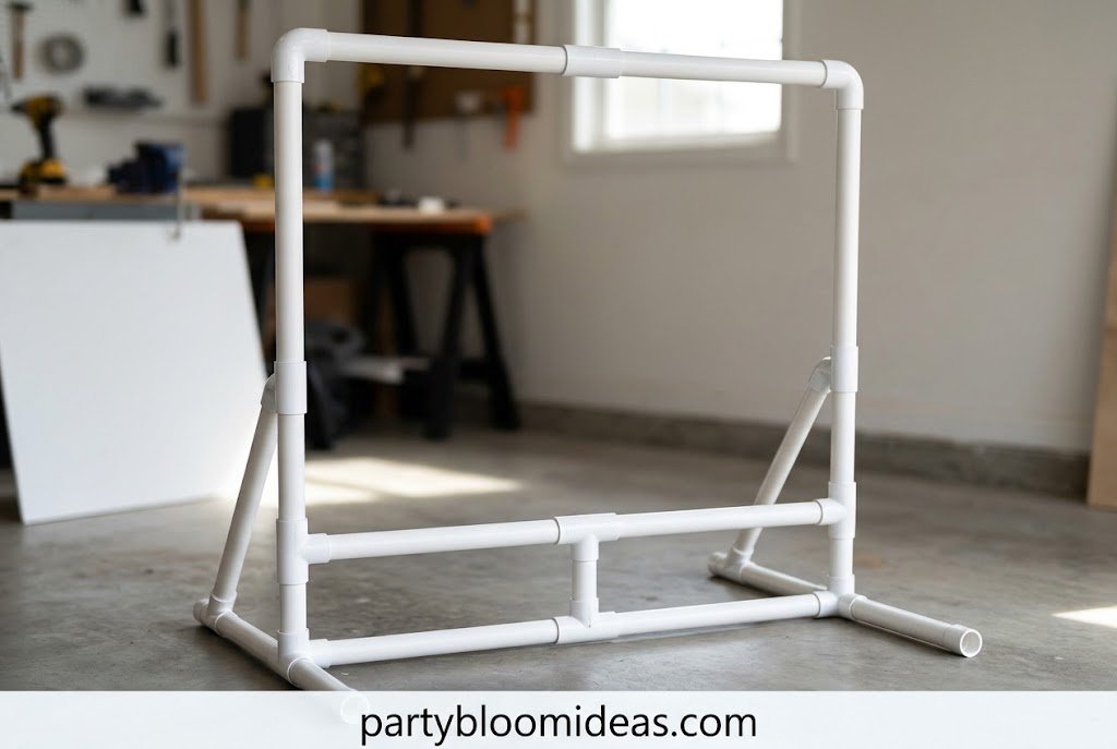Freestanding PVC balloon arch frame ready for party decoration.How to Make a DIY Balloon Arch step-by-step tutorial