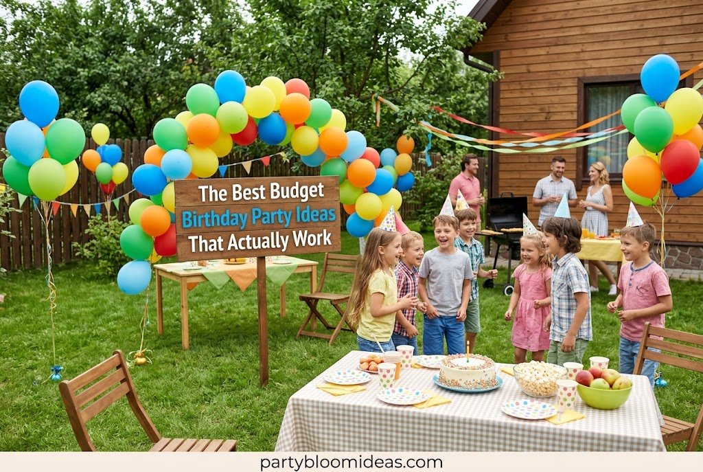 Colorful backyard birthday party with balloon decorations, snack table, and outdoor games for kids.