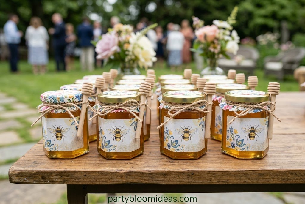 Small custom honey jars with kraft tags displayed as elegant party favors for bridal showers and birthday parties.