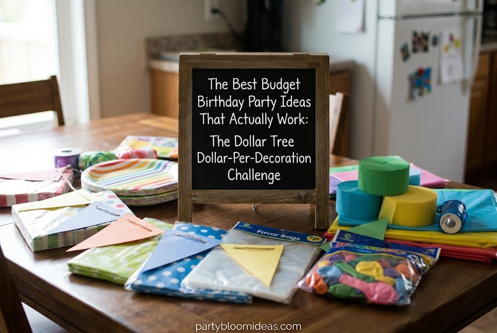 Budget birthday party decorations sourced from Dollar Tree, including balloons, candles, and table accessories.