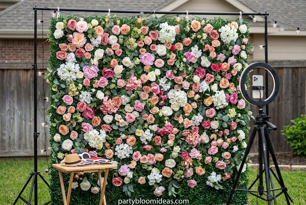uxury faux floral wall photo booth backdrop made with blush peonies, hydrangeas, and greenery, creating a beautiful setting for bridal showers and garden-themed events.