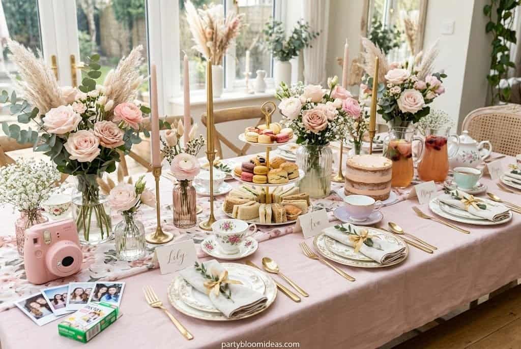 "Elegant high tea birthday party setup for teenage girls with floral decor"