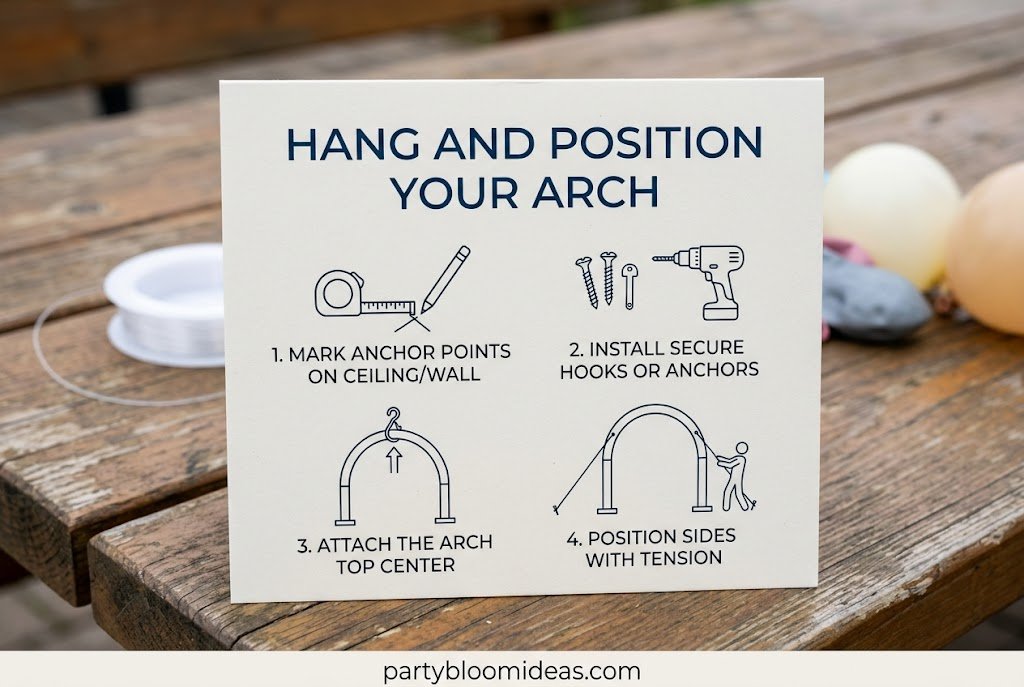 Finished DIY balloon arch installed over a party backdrop using removable hooks.How to Make a DIY Balloon Arch step-by-step tutorial