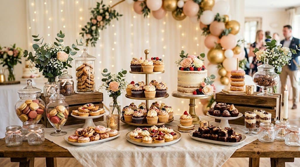 Beautiful dessert table with cupcakes, cookies, and cake at a party.