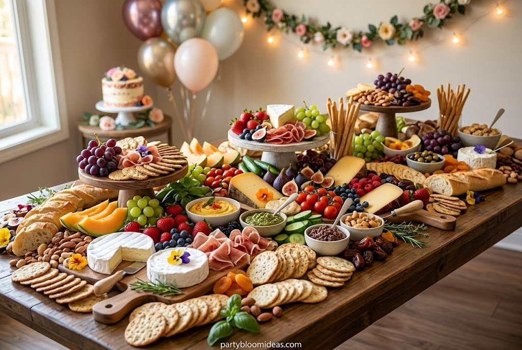 Stylish grazing table filled with cheeses, fruits, crackers, and snacks for an elegant birthday celebration.