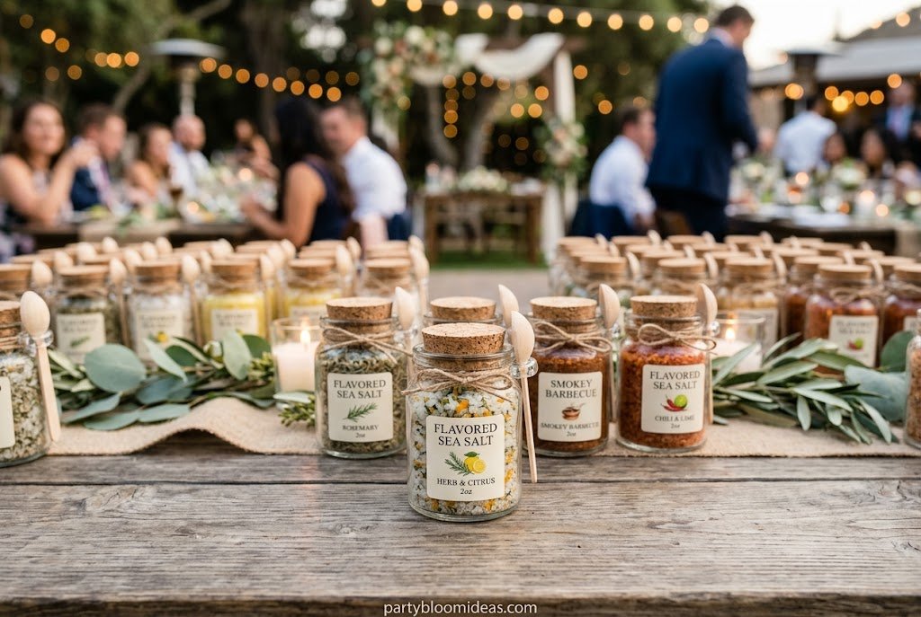 DIY flavored sea salt packaged in kraft bags and glass jars as affordable edible party favors.