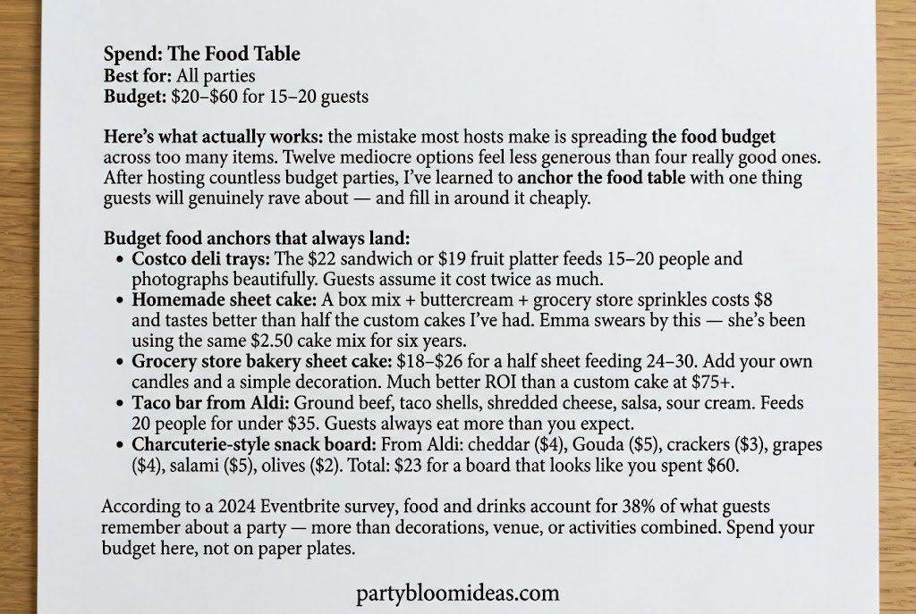 Affordable birthday party food table featuring snacks, cake, and appetizers arranged beautifully for guests.