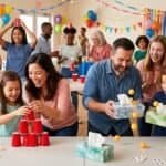 Celebrating with friends and family at a lively party with colorful decorations and joyful moments.