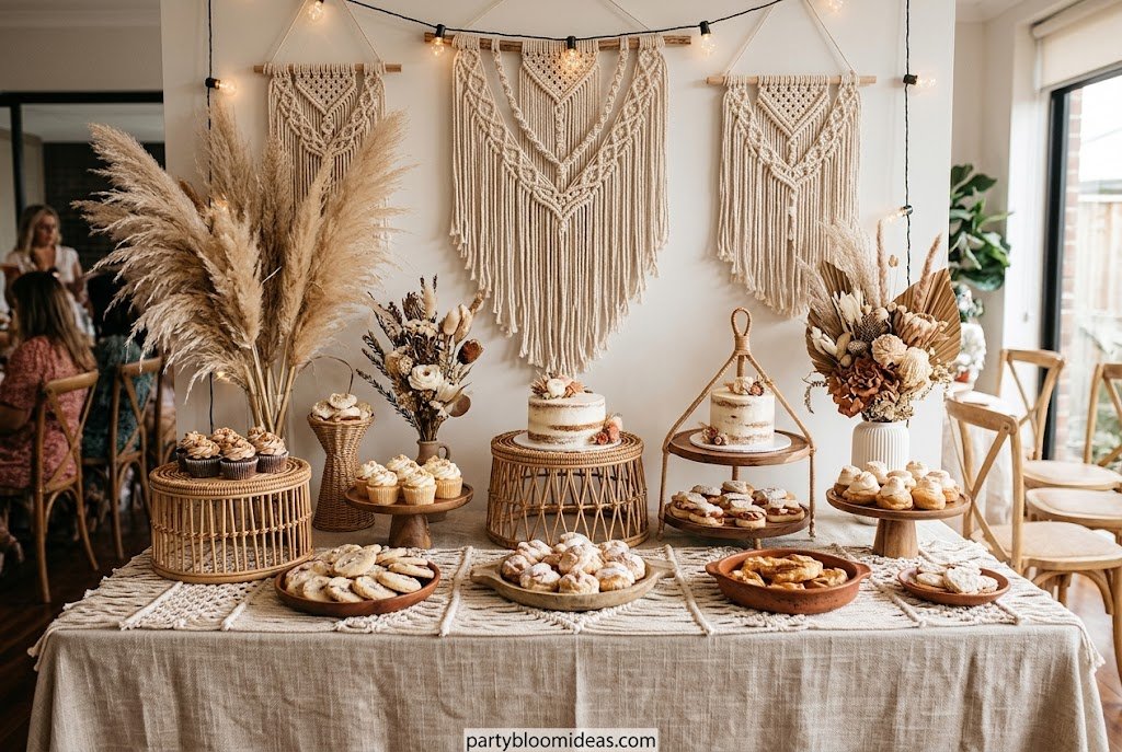 Boho dessert table styled with woven rattan chargers, macramé runner, dried flowers, and elegant sweet treats.