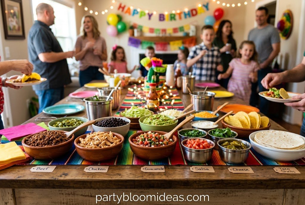 DIY taco bar station with fresh toppings and tortillas, perfect for a budget-friendly birthday party.