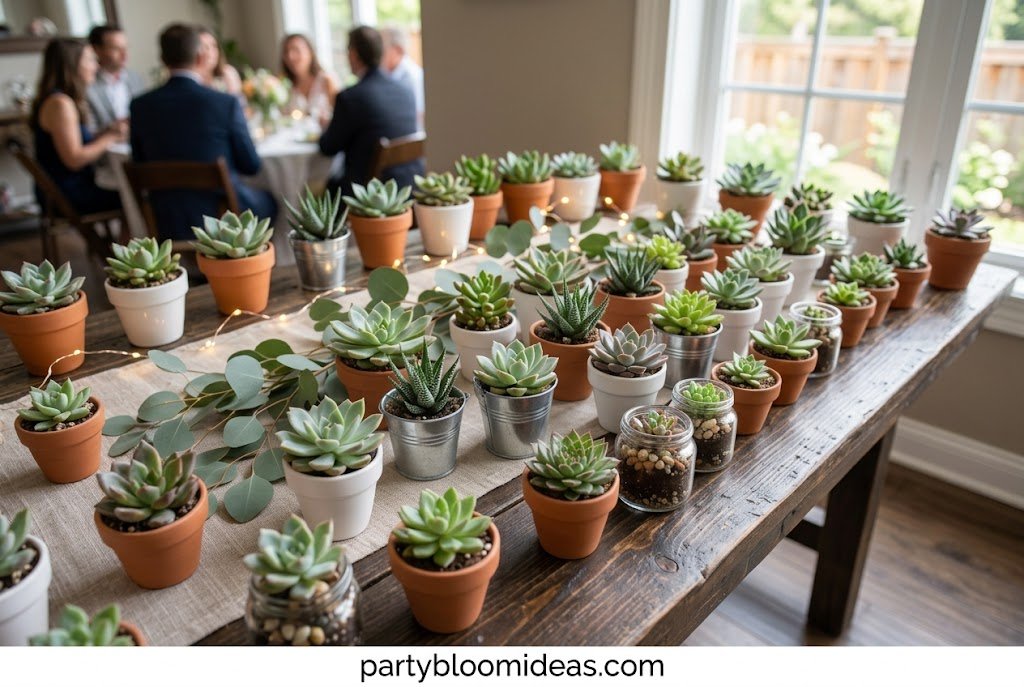 Mini succulent plants in terracotta pots used as eco-friendly party favors for bridal showers and garden parties.