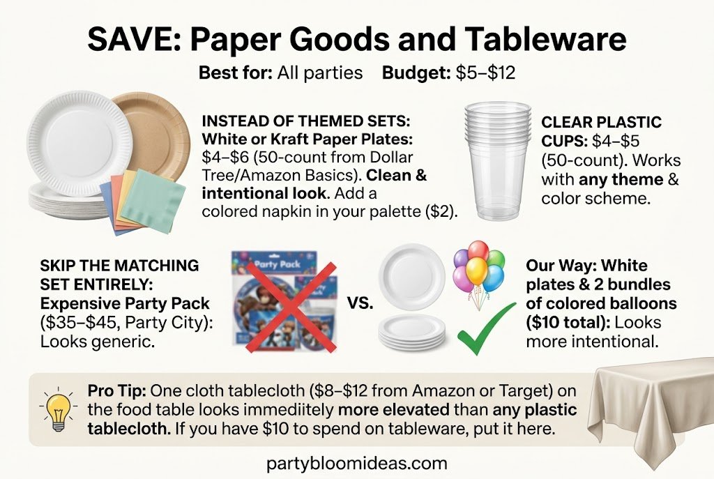 Simple white party plates, cups, and napkins offering a stylish and budget-friendly birthday table setup.