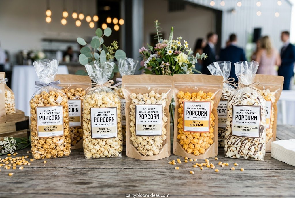 Kraft paper bags filled with gourmet popcorn for budget-friendly party favors suitable for all ages.