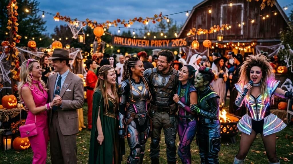 Group of people in Halloween costumes enjoying a themed outdoor party at dusk.