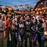 Group of people in Halloween costumes enjoying a themed outdoor party at dusk.