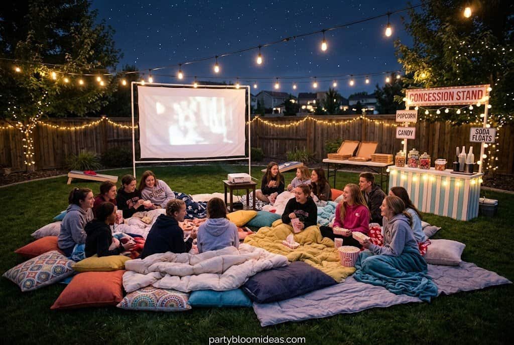 "Backyard movie night birthday party with projector and cozy seating for teenagers"