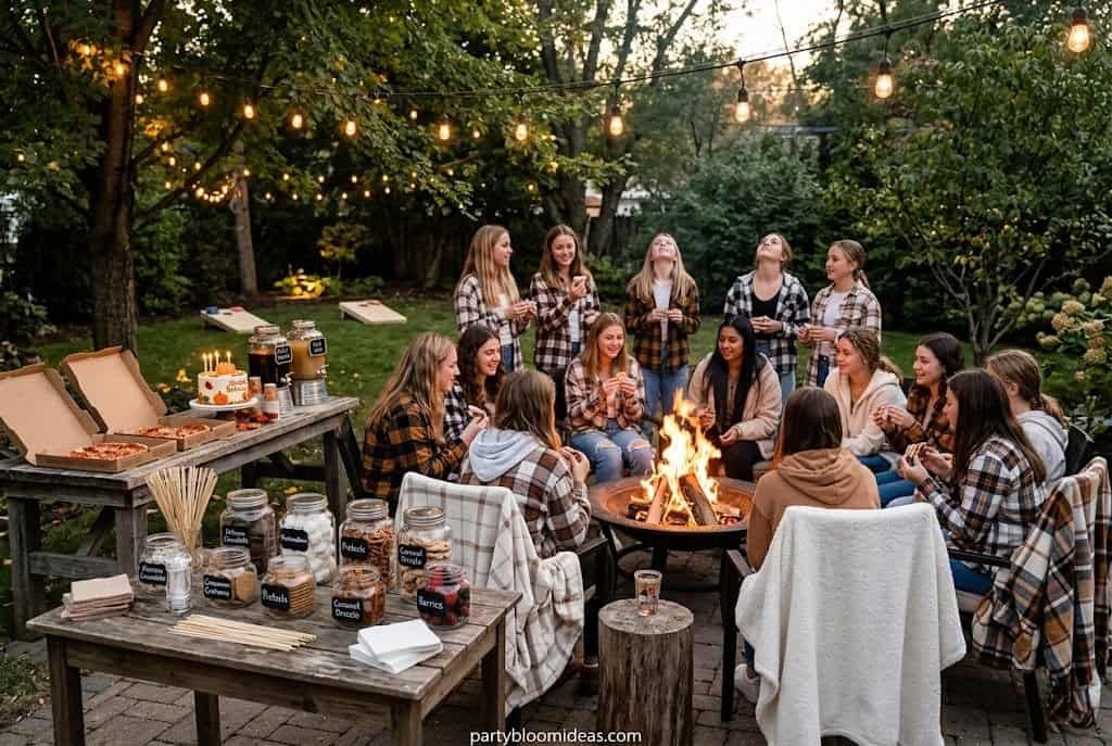 Backyard bonfire birthday party with s'mores and cozy blankets for teen birthday party ideas for teenage girls