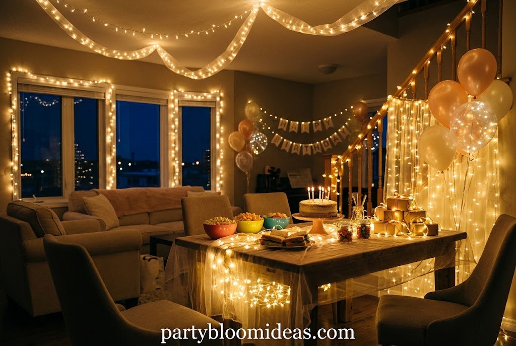 Cozy indoor birthday party decorated with warm string lights, candles, and simple party décor.