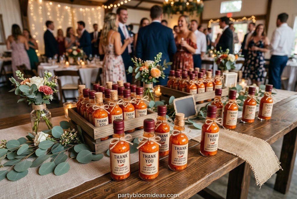 Mini hot sauce bottles with personalized labels as fun and unique party favor ideas for adults.