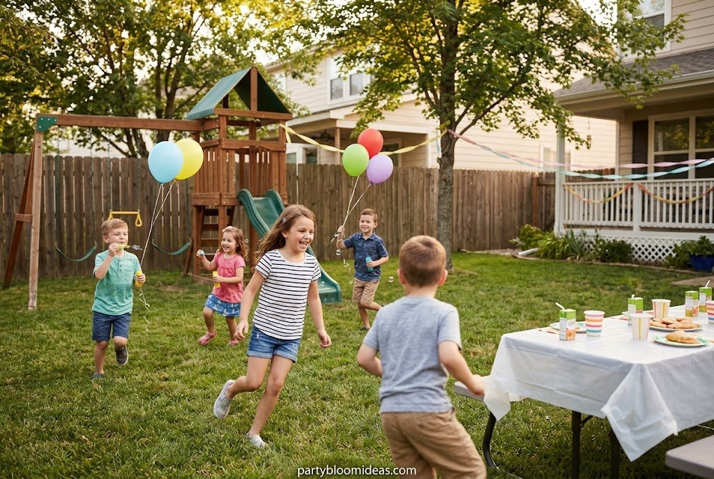 Backyard birthday party with balloons, seating, and decorations showing a free and cozy party venue option.