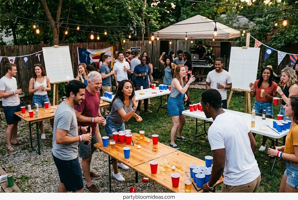 Teams competing in outdoor Beer Olympics party games.