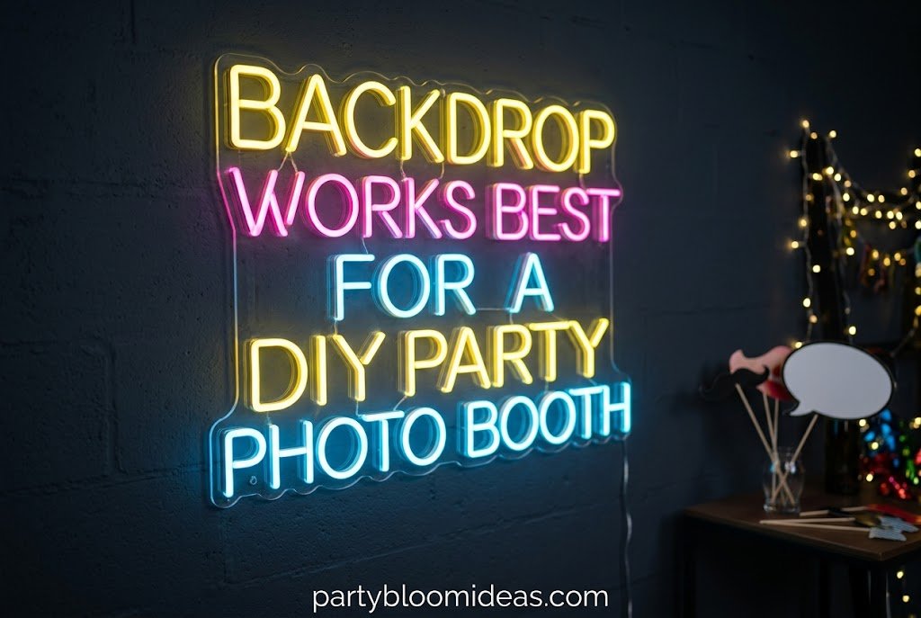 Modern party photo booth with glowing LED neon sign against a black backdrop, ideal for milestone birthdays, bachelorette parties, and trendy event photography.