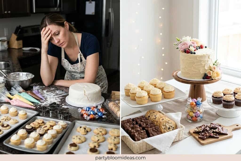 Party dessert table featuring cakes, cookies, brownies, and cupcakes arranged for guests