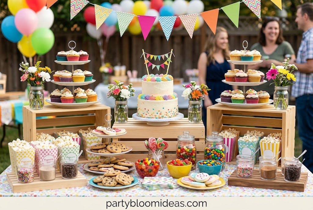 Beautiful dessert table featuring cake, cupcakes, cookies, and treats arranged for a birthday celebration.