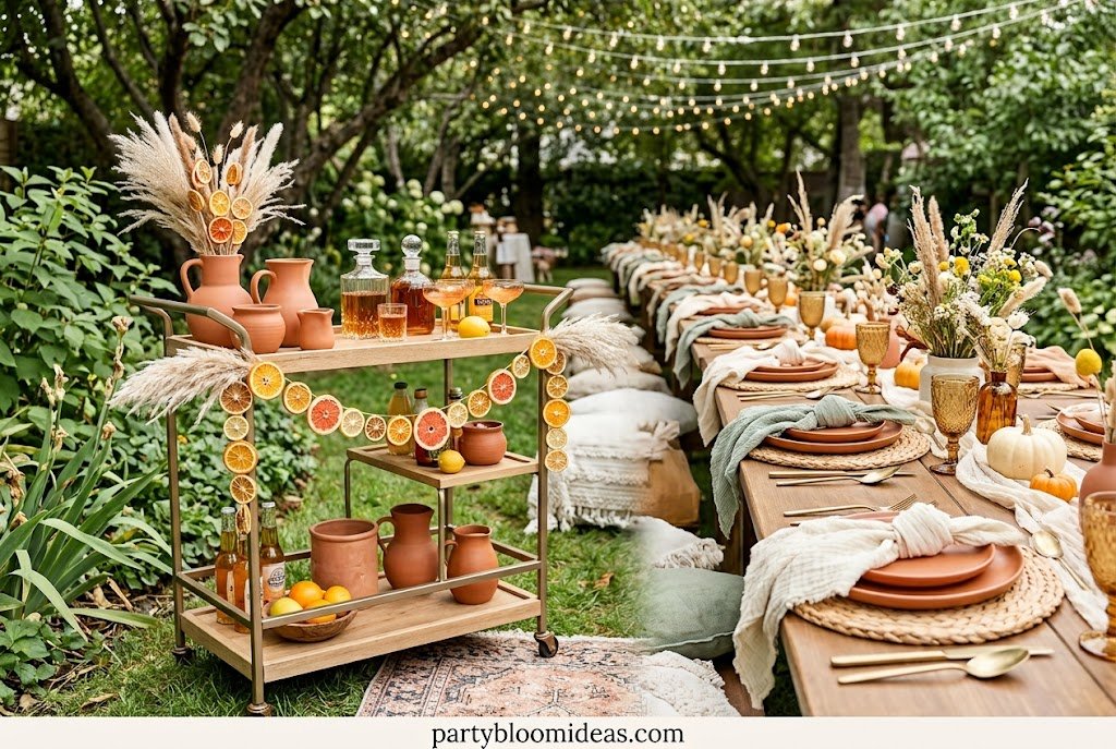 Stylish boho bar cart decorated with terracotta pitchers, dried orange garlands, rattan tray, and fresh greenery.