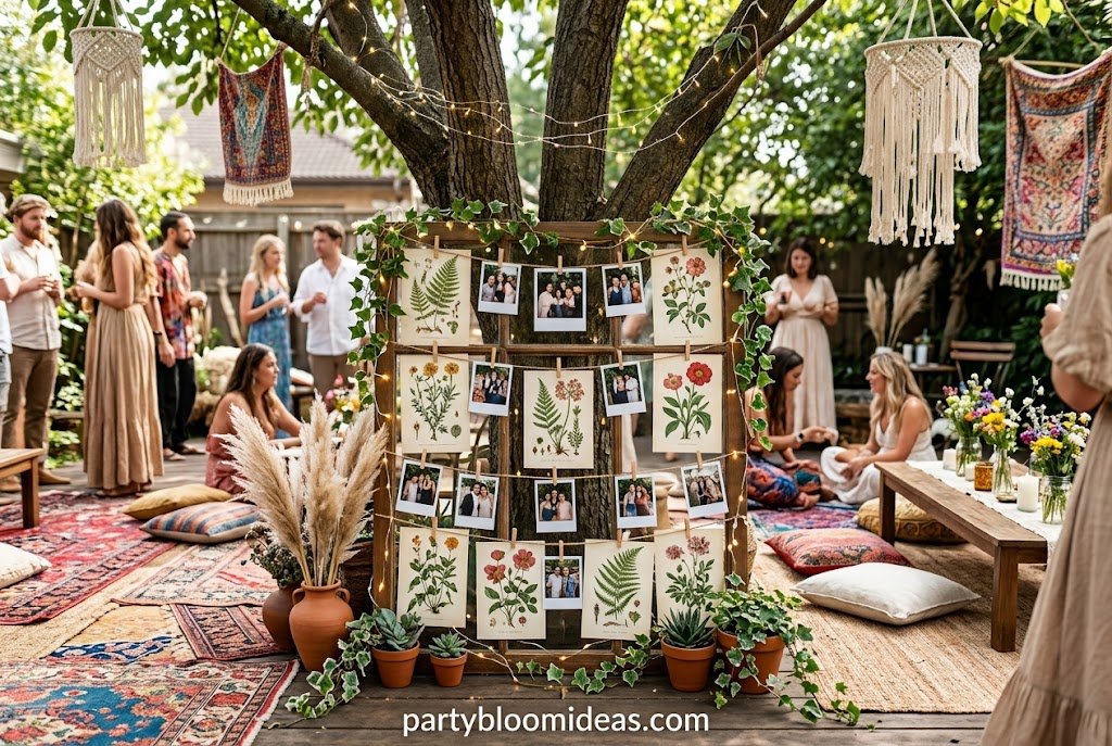 Botanical print gallery wall with vintage frames creating a beautiful boho-inspired photo backdrop Boho Party Theme Ideas