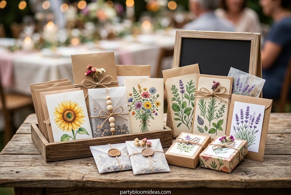 Custom seed packet envelopes with wildflower seeds as eco-friendly baby shower and spring party favors Best Party Favor Ideas