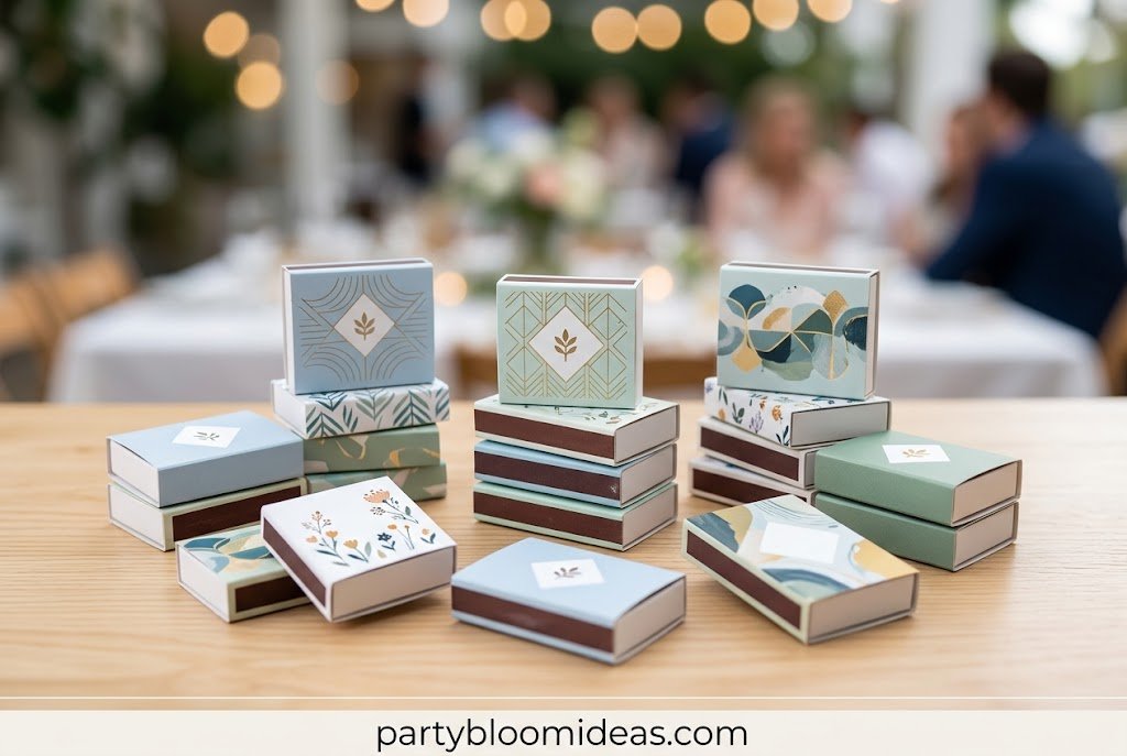 Elegant personalized mini matchboxes designed as wedding and cocktail party favors.