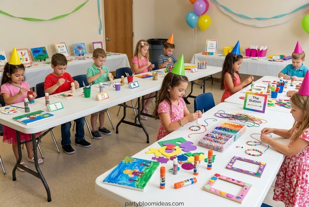 Children's birthday craft station with creative DIY activities, art supplies, and handmade party favors.