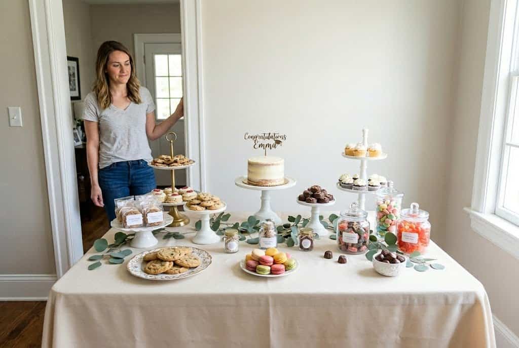 Fully styled dessert table prepared for guests before a celebration begins