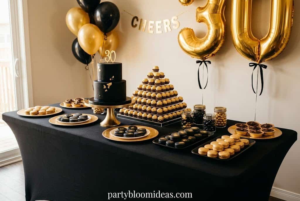 Luxurious black and gold dessert table with elegant desserts and metallic accents How to Set Up a Dessert Table for Any Party