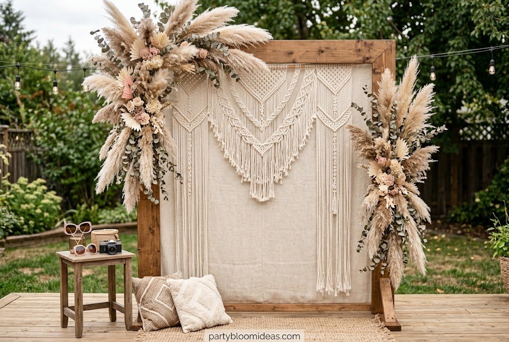 Boho-inspired DIY photo booth featuring macramé wall hanging, pampas grass, eucalyptus accents, and warm fairy lights for bridal showers and outdoor gatherin