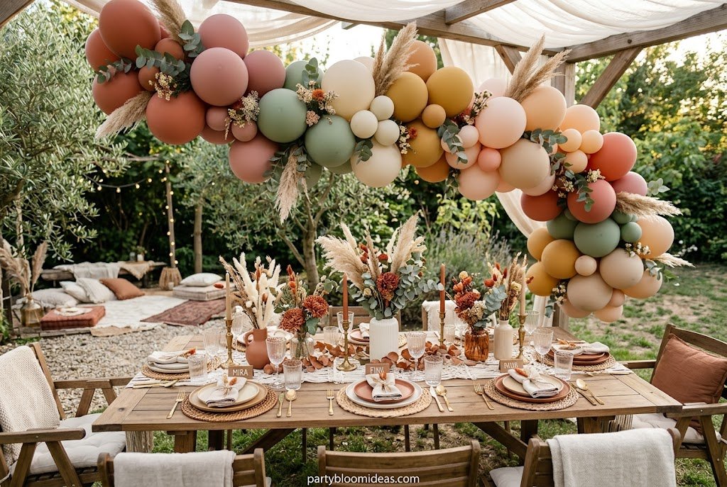 Neutral-toned boho balloon garland with dried eucalyptus and pampas grass for a modern party backdrop.