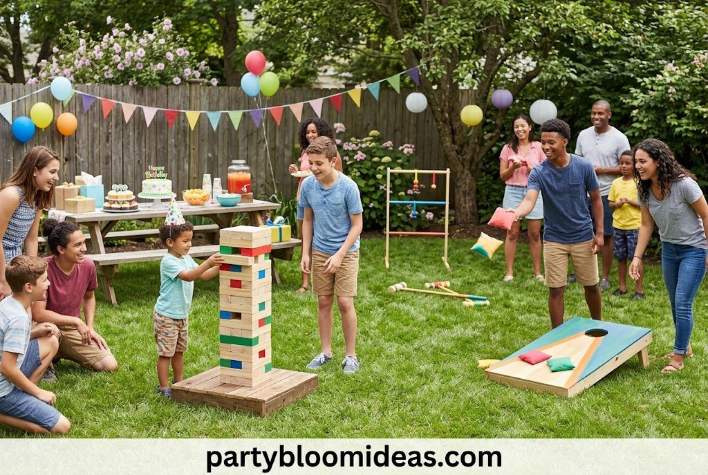 Outdoor birthday party with lawn games, cornhole, and guests enjoying fun activities in the backyard.