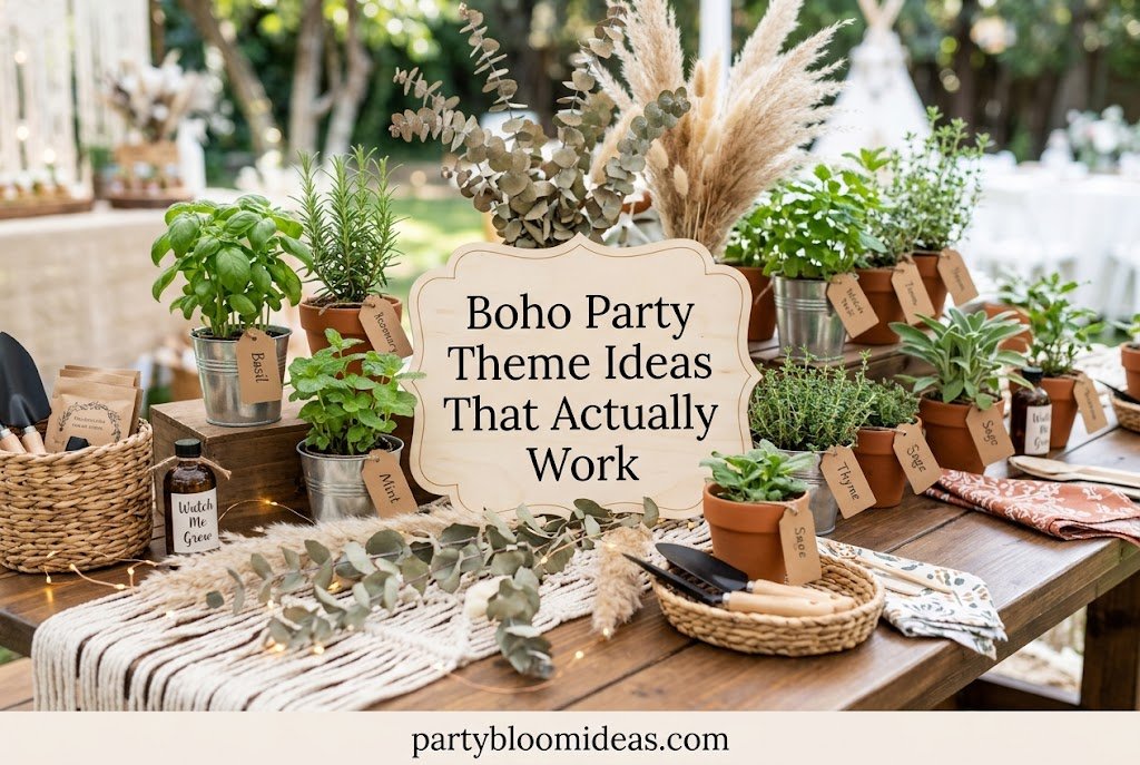 Boho party favor table displaying terracotta herb pots with kraft paper tags and rustic wooden crates Boho Party Theme Ideas
